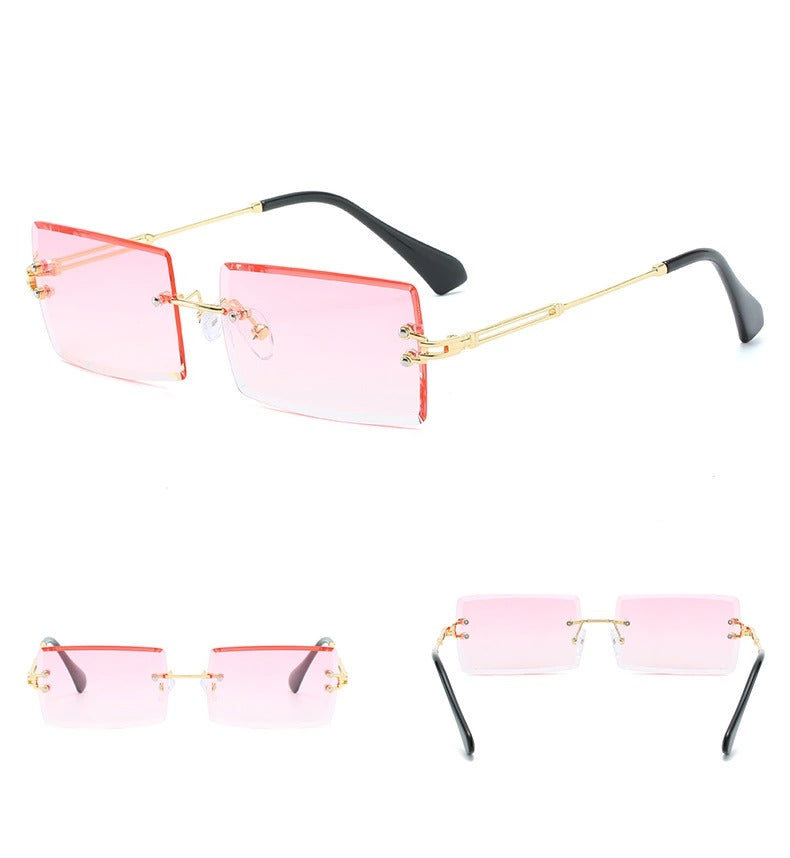 Men Women Pink Eye Glasses Sunglasses Square Designer Small Rimless Beach  Shades